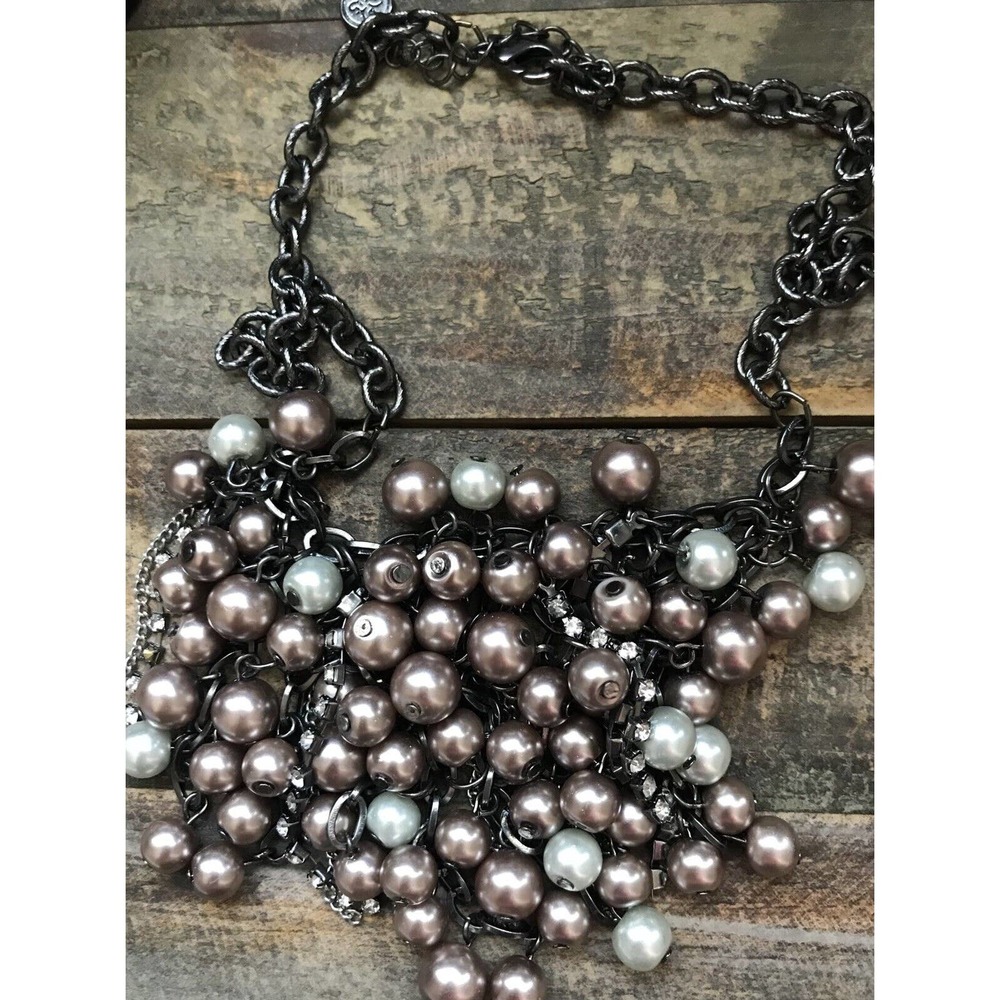🌵Gray & Brown Faux Pearls & Rhinestones Chain Fringe Necklace Adjustable